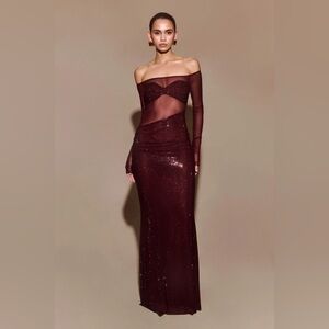 Meshki Burgundy Rhinestone and Mesh Nash Maxi Dress - NWT